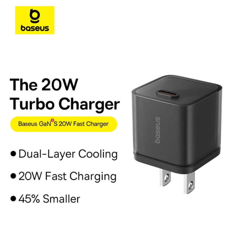Baseus GaN5S 20W Charger with Cable Black | Compact Fast Charging | GaN5S Technology | Includes USB-C Cable