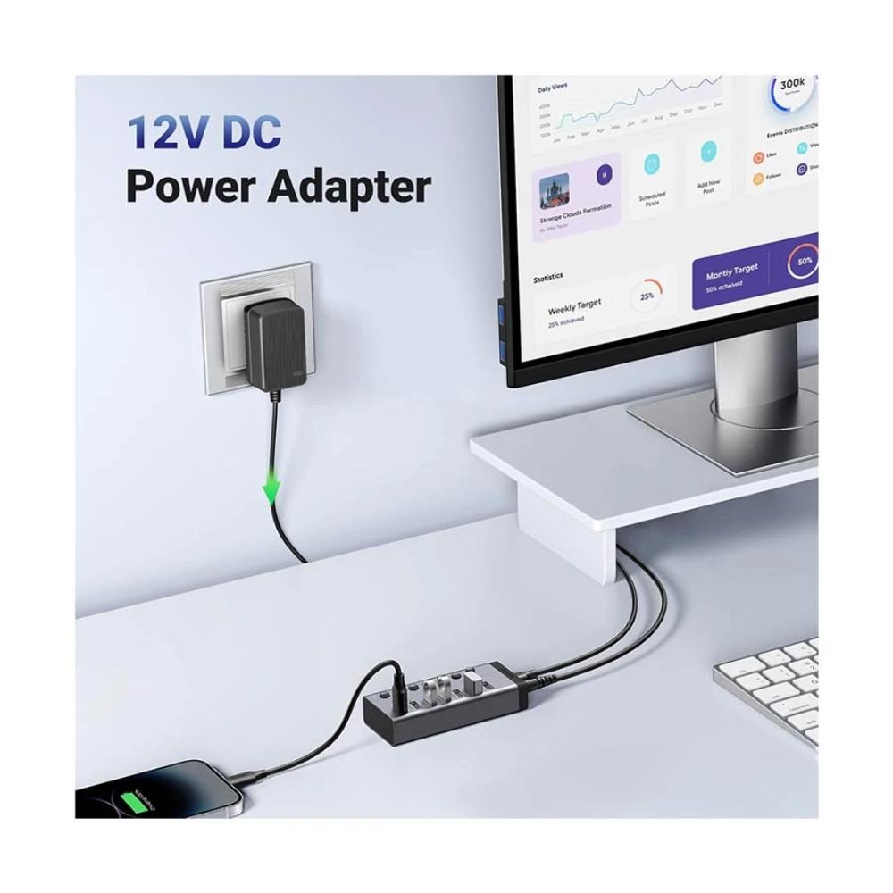 UGREEN 90307 7-Port USB 3.0 Hub | 5Gbps | Smart Charging | Individual Switches | 12V/2A Powered | Aluminum Alloy | 1.5M Cable