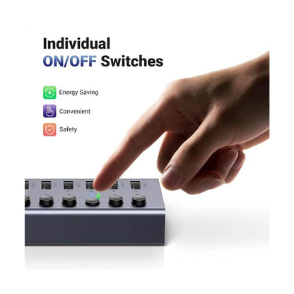 UGREEN 90307 7-Port USB 3.0 Hub | 5Gbps | Smart Charging | Individual Switches | 12V/2A Powered | Aluminum Alloy | 1.5M Cable