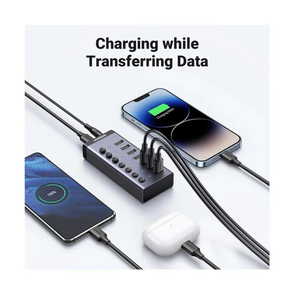 UGREEN 90307 7-Port USB 3.0 Hub | 5Gbps | Smart Charging | Individual Switches | 12V/2A Powered | Aluminum Alloy | 1.5M Cable