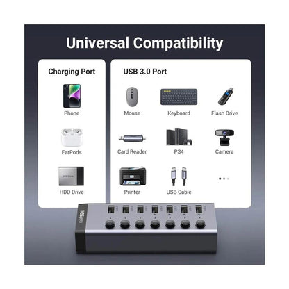 UGREEN 90307 7-Port USB 3.0 Hub | 5Gbps | Smart Charging | Individual Switches | 12V/2A Powered | Aluminum Alloy | 1.5M Cable