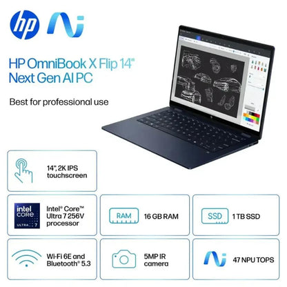 HP OmniBook X Flip 14-FM0023DX | Intel Core Ultra 7 256V | 16GB LPDDR5x | 1TB NVMe SSD | Intel Arc 140V | 14" 2K Touch x360 | Windows 11 | Atmospheric Blue