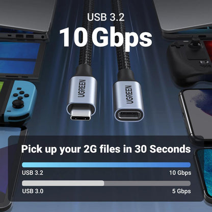 UGREEN US372 30205 USB-C Extension Cable | USB 3.2 Gen 2 | 10Gbps | 100W Fast Charging | 4K@60Hz | Type-C Male to Female | 3FT