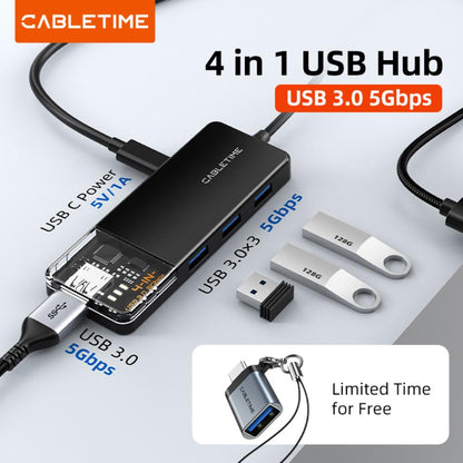 CABLETIME CB01B | 4-Port USB-A 3.0 Hub (5Gbps, 5V Power Supply, Transparent Design)