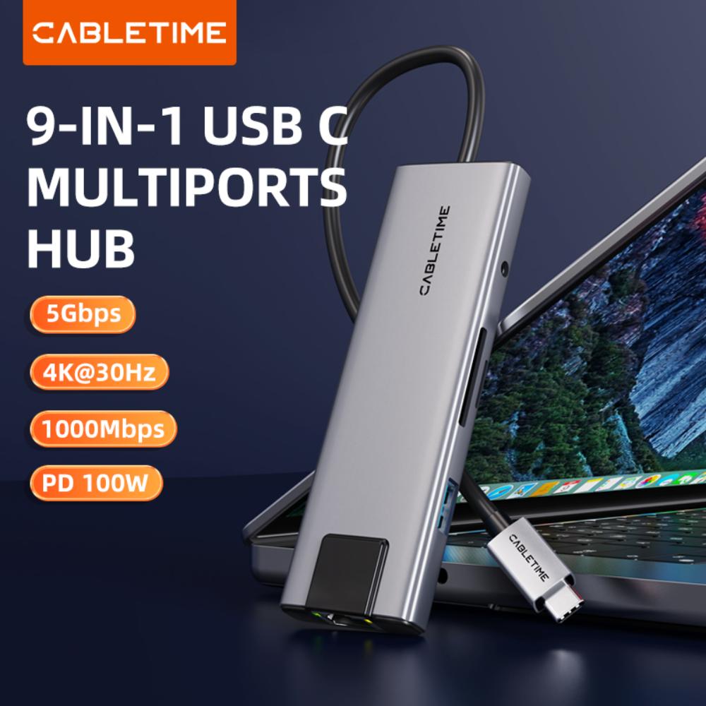 CABLETIME HB03G | 9-in-1 USB-C Hub | 4K HDMI, 100W PD, 1000Mbps Ethernet, Audio Jack | MacBook, Windows, iPad