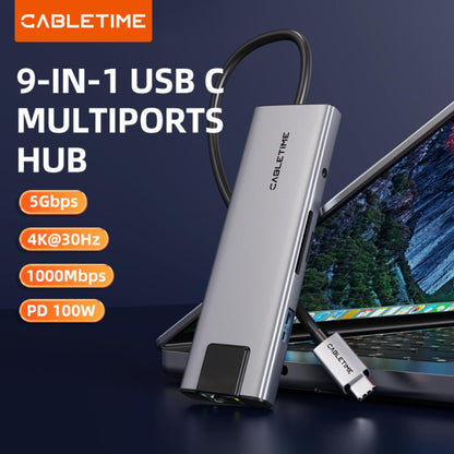CABLETIME HB03G | 9-in-1 USB-C Hub | 4K HDMI, 100W PD, 1000Mbps Ethernet, Audio Jack | MacBook, Windows, iPad