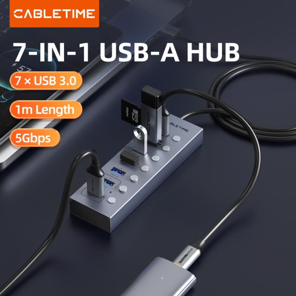 CABLETIME CB47G 7-Port Powered USB 3.0 Hub | 5Gbps High-Speed Data Hub | Individual Switches & LED Indicators | Long Cable | For Laptops & PCs