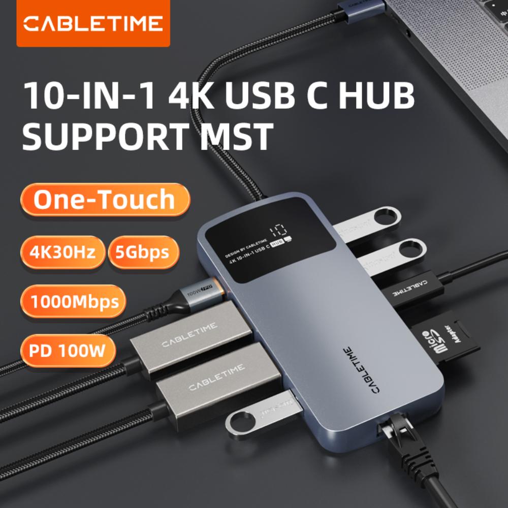 CABLETIME CB83G | 10-in-1 USB-C Dual HDMI Docking Station | 4K 30Hz HDMI, 1000Mbps LAN, 100W PD | MacBook, Dell, HP, Lenovo, Surface
