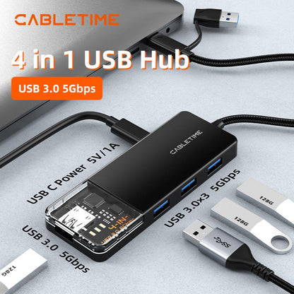 CABLETIME CB03B | USB-C & USB-A to 4-Port USB 3.0 Hub (5Gbps, 5V Power, Transparent Design) | CT-HUBT3-PB