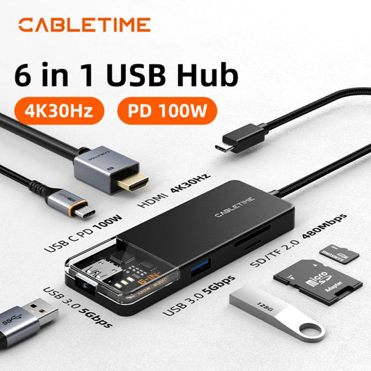 CABLETIME CB04B | 6-in-1 USB-C Multiport Hub (4K HDMI, 100W PD, 5Gbps USB 3.0, SD/TF) | 0.2m Transparent Design