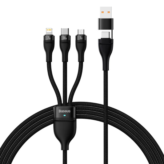 Baseus Flash Series II | Two-for-Three Charging Cable | USB-A + Type-C Input | MicroUSB + Lightning + Type-C Output | 100W PD | Fast Charging | Data Sync | Braided Nylon | Smart Chip | Black | For Phones, Tablets, Power Banks, Accessories