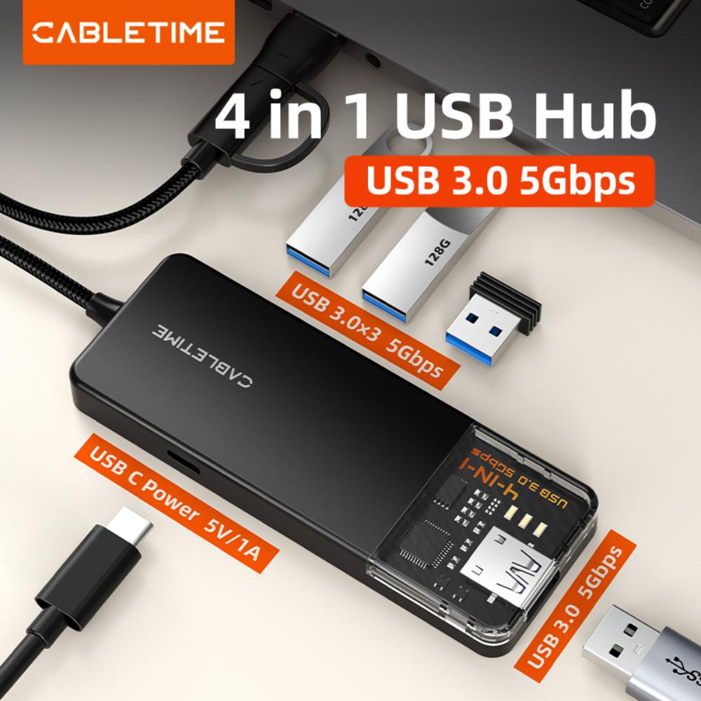 CABLETIME CB03B | USB-C & USB-A to 4-Port USB 3.0 Hub (5Gbps, 5V Power, Transparent Design) | CT-HUBT3-PB