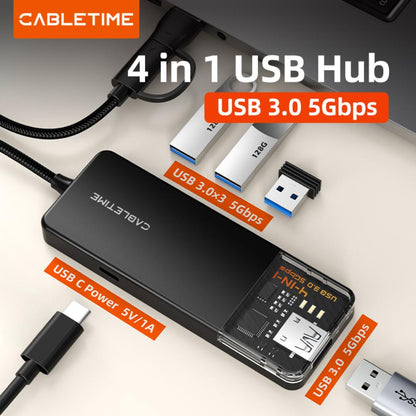 CABLETIME CB03B | USB-C & USB-A to 4-Port USB 3.0 Hub (5Gbps, 5V Power, Transparent Design) | CT-HUBT3-PB