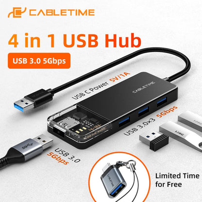 CABLETIME CB01B | 4-Port USB-A 3.0 Hub (5Gbps, 5V Power Supply, Transparent Design)