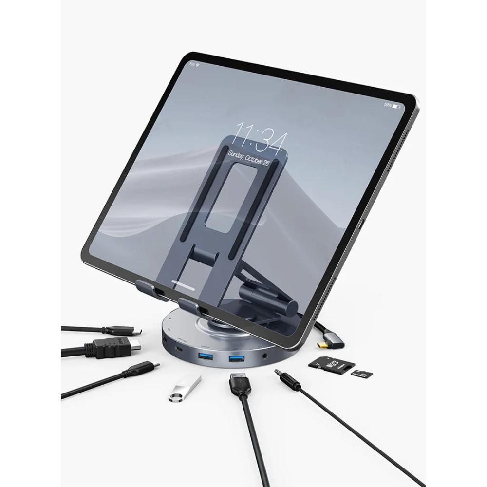 CABLETIME CB02G | 8-in-1 USB-C Docking Station with Stand for iPad Pro & Air | 4K@60Hz HDMI, 100W PD, 5Gbps USB, 360° Adjustable Aluminum Design