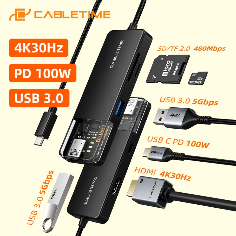 CABLETIME CB04B | 6-in-1 USB-C Multiport Hub (4K HDMI, 100W PD, 5Gbps USB 3.0, SD/TF) | 0.2m Transparent Design