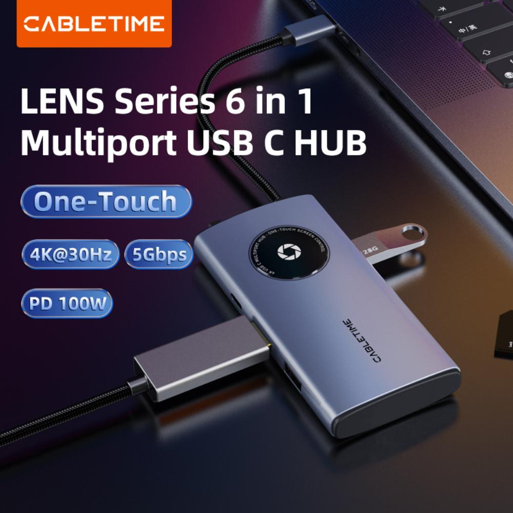 CABLETIME CB93G | 6-in-1 USB-C Multiport Travel Hub | 4K HDMI | 2× USB-A 3.0 5Gbps | SD/TF Reader 104Mbps | USB-C PD 100W | Aluminum + Braided Cable