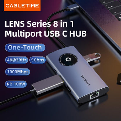 CABLETIME CB92G | 8-in-1 USB-C Adapter Hub | 4K HDMI | Gigabit LAN 1000Mbps | USB-A 3.0 5Gbps | USB-C PD 100W | SD/TF Reader | For MacBook, Laptops & Tablets