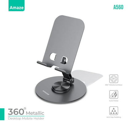 Amaze A560 360° Metallic Desktop Mobile Holder | Adjustable Rotation | Anti-Slip Base