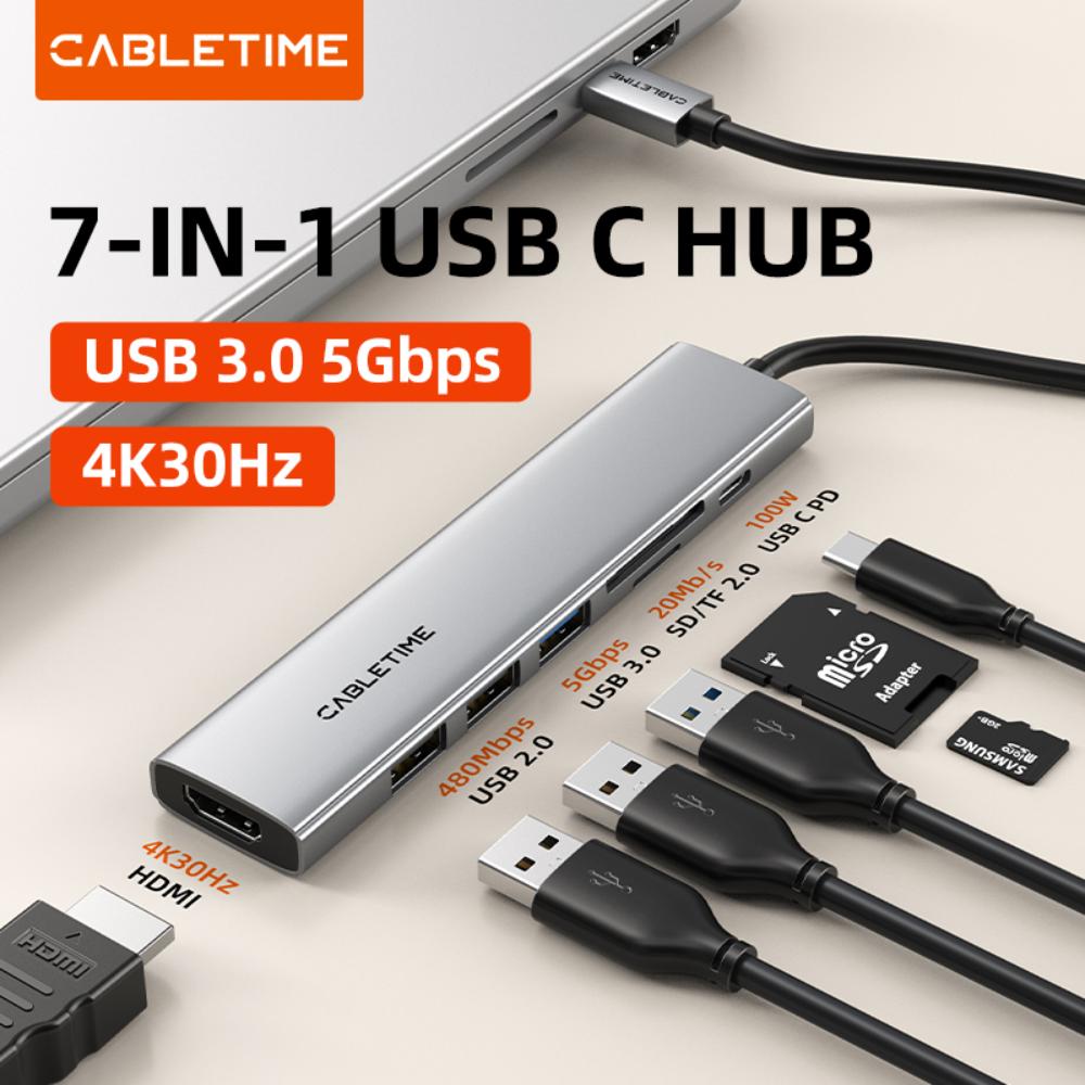 CABLETIME HB02G | 7-in-1 USB-C Hub | 4K HDMI, 100W PD, USB 3.0, SD/TF Card Reader | MacBook Pro, Windows, iPad