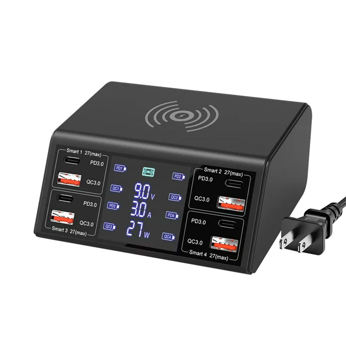 100W 8-Port Charging Station for Multiple Devices | USB QC 3.0 + Type-C PD Ports + Wireless Charging Hub