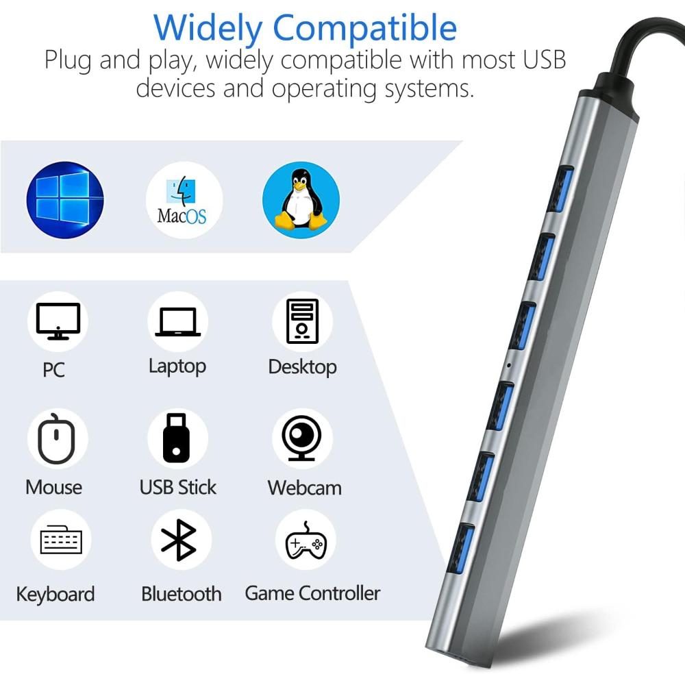Speed-X SP-UH307AL | 7-Port USB 3.0 Ultra Slim Hub | Aluminum Alloy | Portable High-Speed Hub