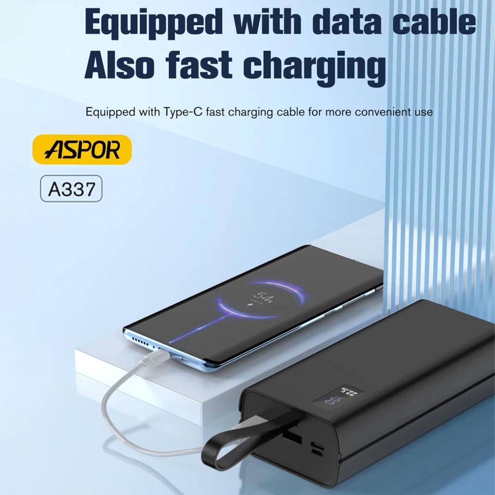 ASPOR A337 Power Bank | 30000mAh | 22.5W PD Fast Charging | LCD Display | USB-C & QC 3.0 | Black
