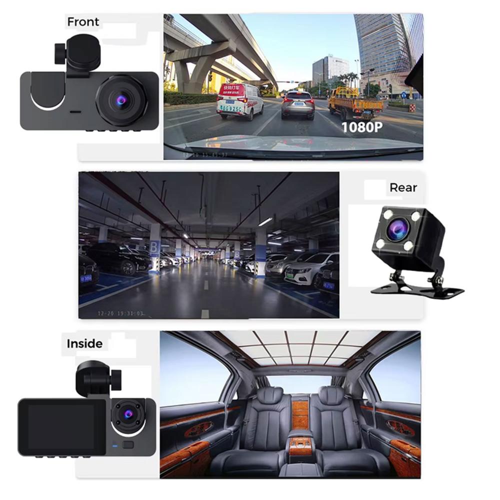 Y15 3-Channels WiFi Dash Cam | 1080P HD | Night Vision | Front + Interior + Rear | Parking Monitor