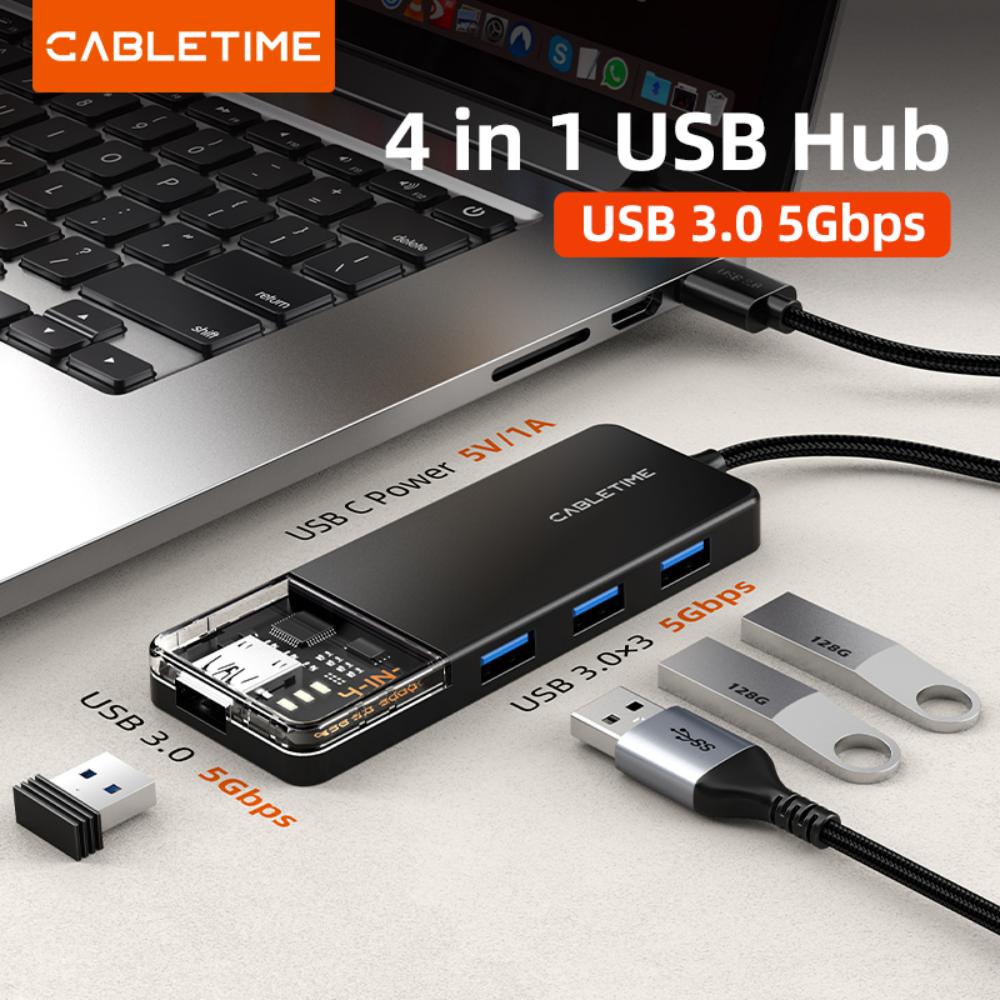 CABLETIME CB01B | 4-Port USB-A 3.0 Hub (5Gbps, 5V Power Supply, Transparent Design)