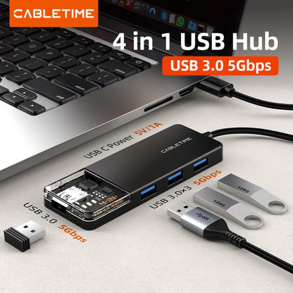 CABLETIME CB01B | 4-Port USB-A 3.0 Hub (5Gbps, 5V Power Supply, Transparent Design)