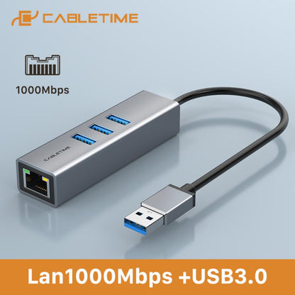 CABLETIME CB55G USB 3.0 3-Port Hub with Gigabit Ethernet Adapter | 5Gbps Data Transfer | RJ45 1000Mbps | For Laptops, PCs & Nintendo Switch
