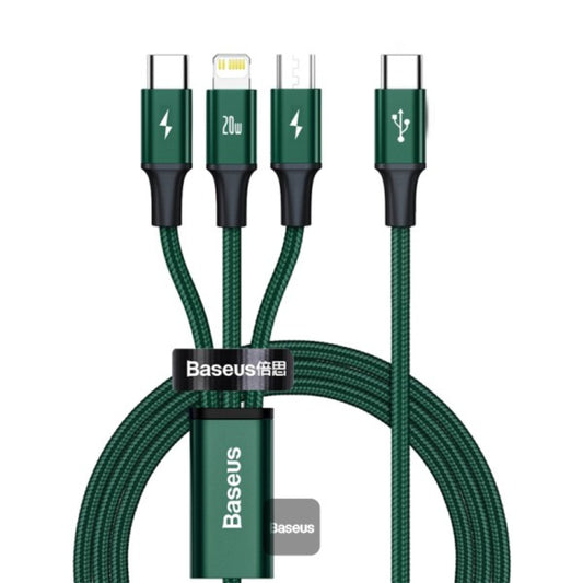 Baseus Rapid Series 3-in-1 Fast Charging Data Cable | Type-C to Micro + Lightning + Type-C | PD 20W | 1.5M | Green