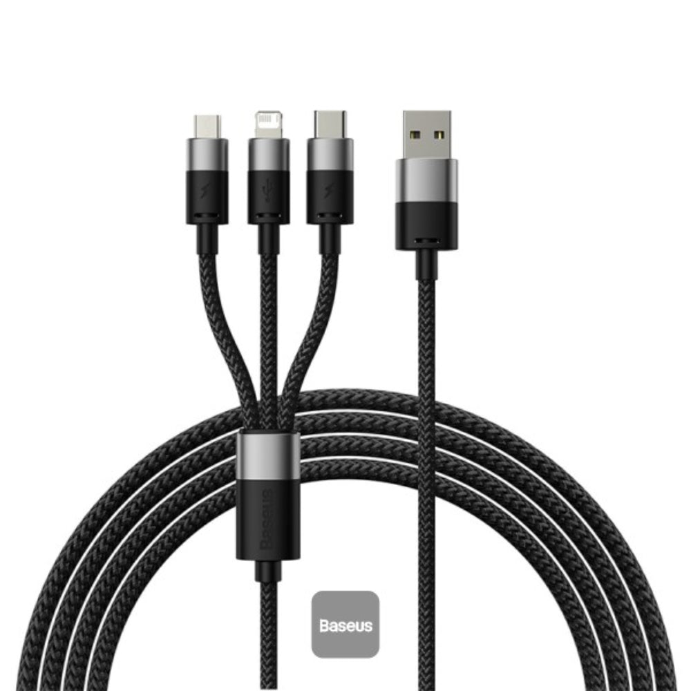 Baseus StarSpeed Series | 3-in-1 USB Cable | USB-A to USB-C + Micro USB + Lightning | 3.5A Fast Charging | 1.2 Meter | Black | For iPhone, Android, Power Banks, Bluetooth Devices