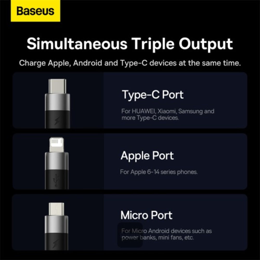 Baseus StarSpeed Series | 3-in-1 USB Cable | USB-A to USB-C + Micro USB + Lightning | 3.5A Fast Charging | 1.2 Meter | Black | For iPhone, Android, Power Banks, Bluetooth Devices