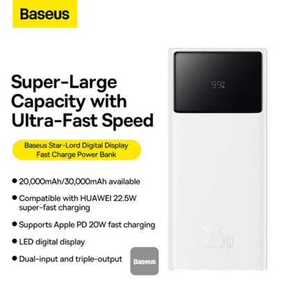 Baseus Star-Lord Series | Digital Display Power Bank + Cable Bundle | 30,000mAh Capacity | 22.5W Fast Charging | USB-C + USB-A Output | Smart Chip | LED Power Display | Includes USB to Type-C Cable | 3A | 0.3 Meter | White