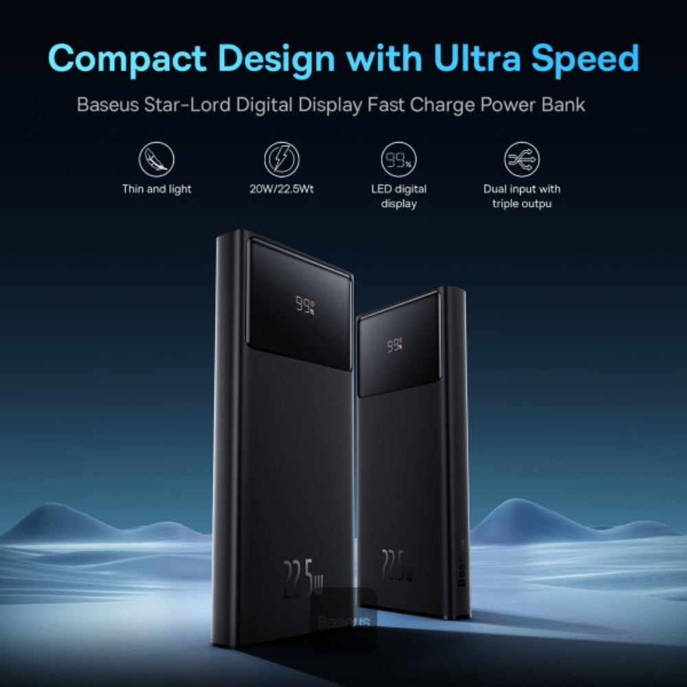 Baseus Star-Lord Series | Digital Display Power Bank + Cable Bundle | 10,000mAh Capacity | 22.5W Fast Charging | USB-C + USB-A Output | Smart Chip | LED Power Display | Includes USB to Type-C Cable | 3A | 0.3 Meter | Black