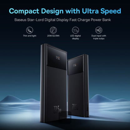 Baseus Star-Lord Series | Digital Display Power Bank + Cable Bundle | 10,000mAh Capacity | 22.5W Fast Charging | USB-C + USB-A Output | Smart Chip | LED Power Display | Includes USB to Type-C Cable | 3A | 0.3 Meter | Black