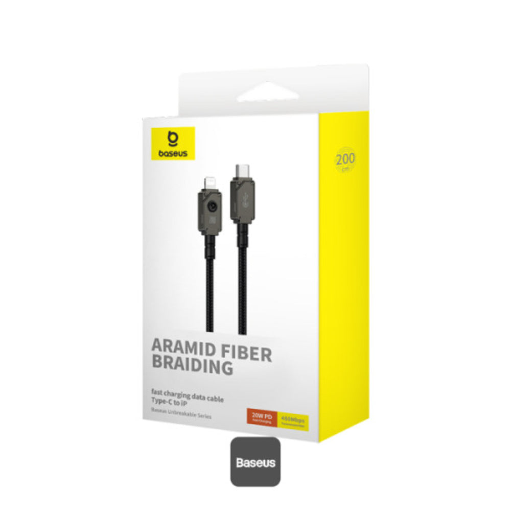 Baseus Unbreakable Series | USB-C to Lightning Cable | 20W PD Fast Charging | 480Mbps Data | Anti-Break Design | 2 Meter | Black | For iPhone, iPad, AirPods