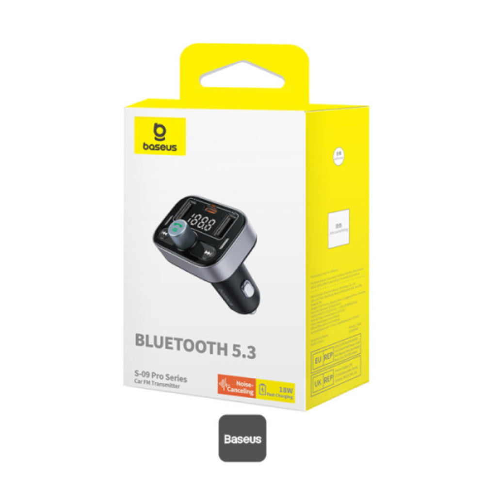 Baseus S-09 Pro Series | Car FM Transmitter + Charger | Bluetooth 5.3 | 18W PD Fast Charging | HiFi Bass | Noise-Cancelling Mic | USB Drive & TF Card Support | LED Display | For iPhone, Android, USB Devices