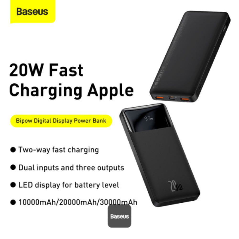 Baseus Bipow | 10000mAh Power Bank | 20W PD Fast Charging | Digital Display | Dual USB Output | Type-C + Micro USB Input | Black | For Android, iPhone, iPad, AirPods