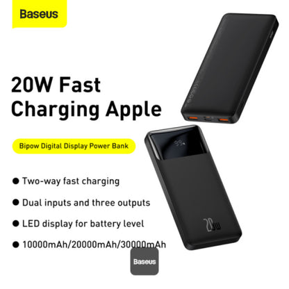 Baseus Bipow | 10000mAh Power Bank | 20W PD Fast Charging | Digital Display | Dual USB Output | Type-C + Micro USB Input | Black | For Android, iPhone, iPad, AirPods