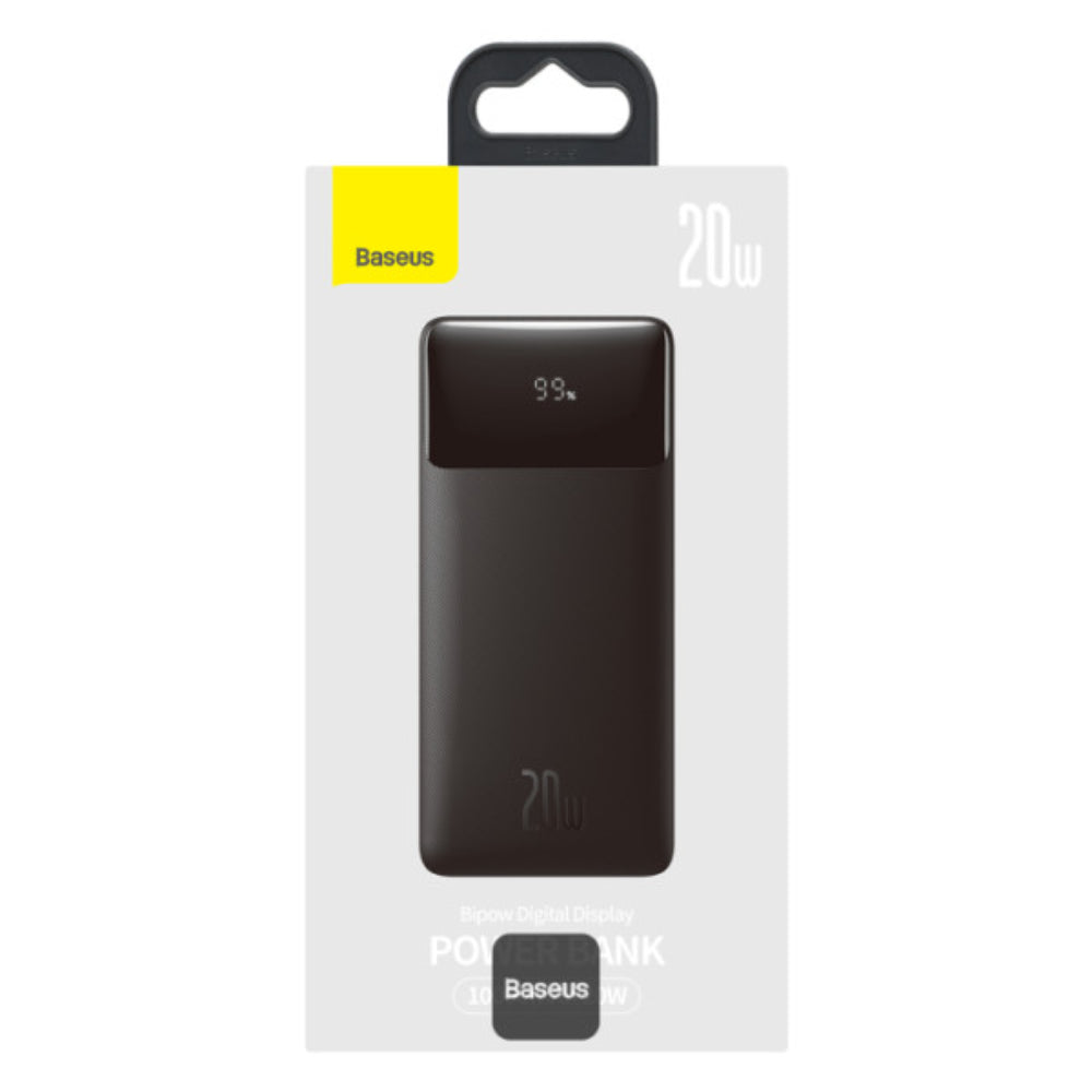 Baseus Bipow | 10000mAh Power Bank | 20W PD Fast Charging | Digital Display | Dual USB Output | Type-C + Micro USB Input | Black | For Android, iPhone, iPad, AirPods