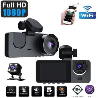 Y15 3-Channels WiFi Dash Cam | 1080P HD | Night Vision | Front + Interior + Rear | Parking Monitor