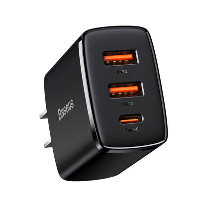 Baseus Compact Series | Triple-Port Fast Charger | USB-C PD + 2 × USB-A QC | 30W Total Output | Compact Design | Smart Chip | Black | For Phones, Tablets, USB-C & USB-A Accessories