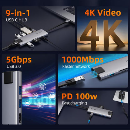 CABLETIME HB03G | 9-in-1 USB-C Hub | 4K HDMI, 100W PD, 1000Mbps Ethernet, Audio Jack | MacBook, Windows, iPad