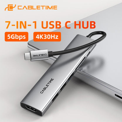 CABLETIME HB02G | 7-in-1 USB-C Hub | 4K HDMI, 100W PD, USB 3.0, SD/TF Card Reader | MacBook Pro, Windows, iPad