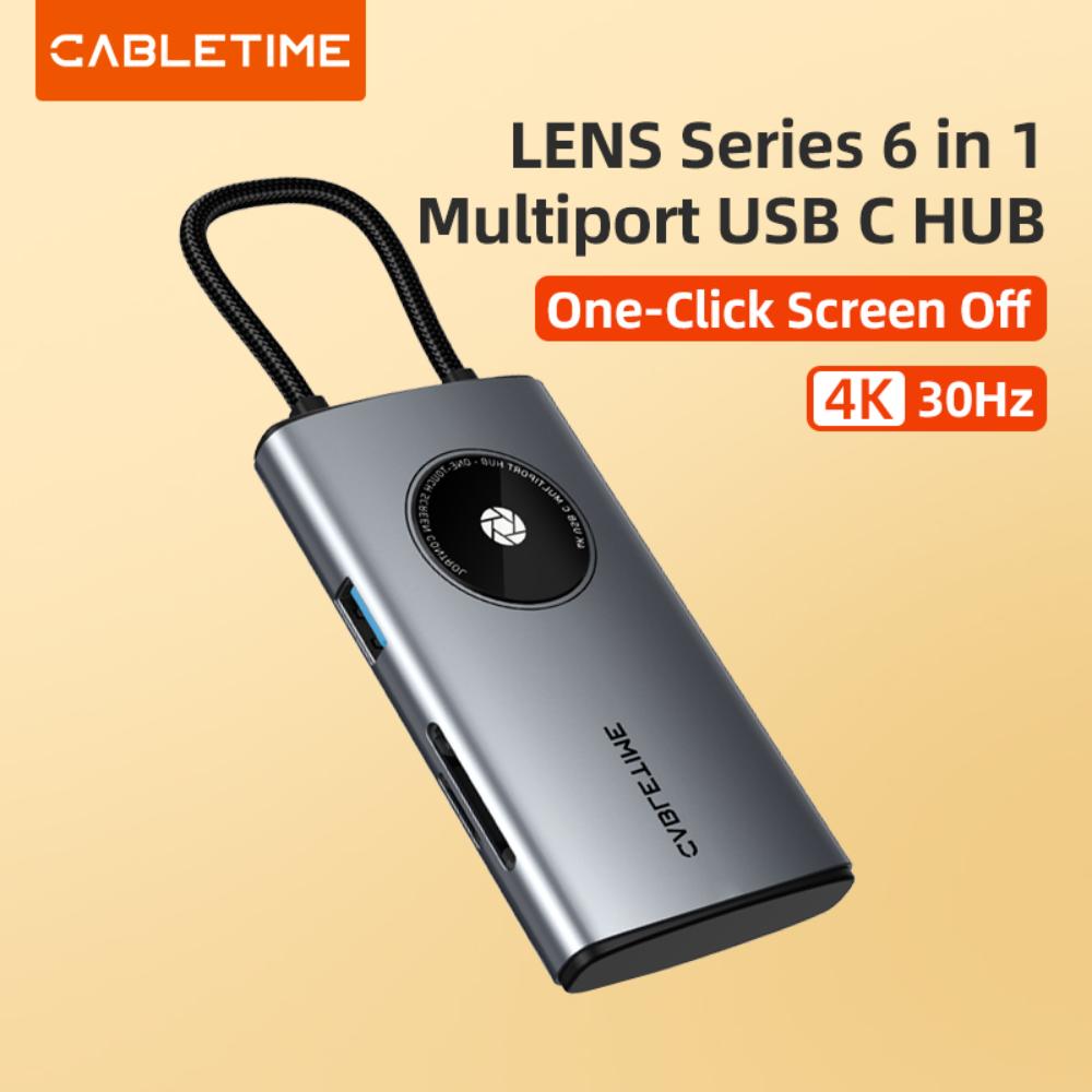 CABLETIME CB93G | 6-in-1 USB-C Multiport Travel Hub | 4K HDMI | 2× USB-A 3.0 5Gbps | SD/TF Reader 104Mbps | USB-C PD 100W | Aluminum + Braided Cable