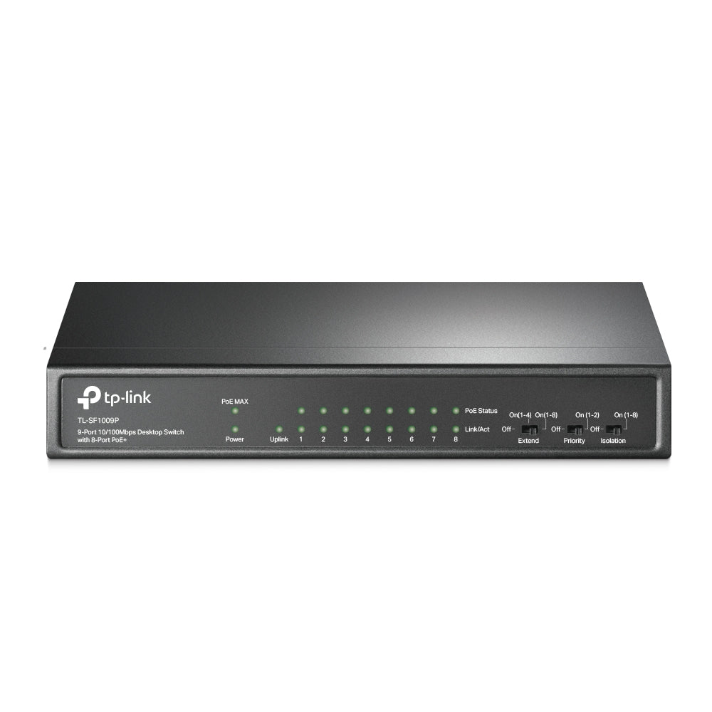 TP-Link TL-SF1009P 9-Port 10/100Mbps Desktop Switch with 8-Port PoE+ | Secure PoE Deployment with Extended Range and Traffic Control