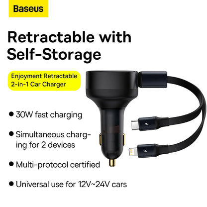 BASEUS Enjoyment Series | 30W Car Charger with Built‑in Cable (USB‑C + Lightning) – Model CCGTX00001