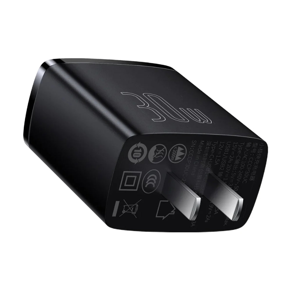 Baseus Compact Series | Triple-Port Fast Charger | USB-C PD + 2 × USB-A QC | 30W Total Output | Compact Design | Smart Chip | Black | For Phones, Tablets, USB-C & USB-A Accessories